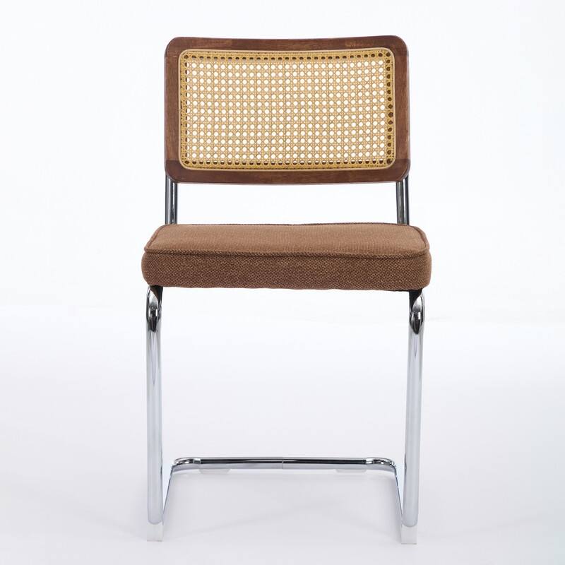 Mid Century Modern Dining Chairs Set of 2, Natural Cane Back & Stainless Chrome Base, Upholstered Rattan Kitchen Chairs