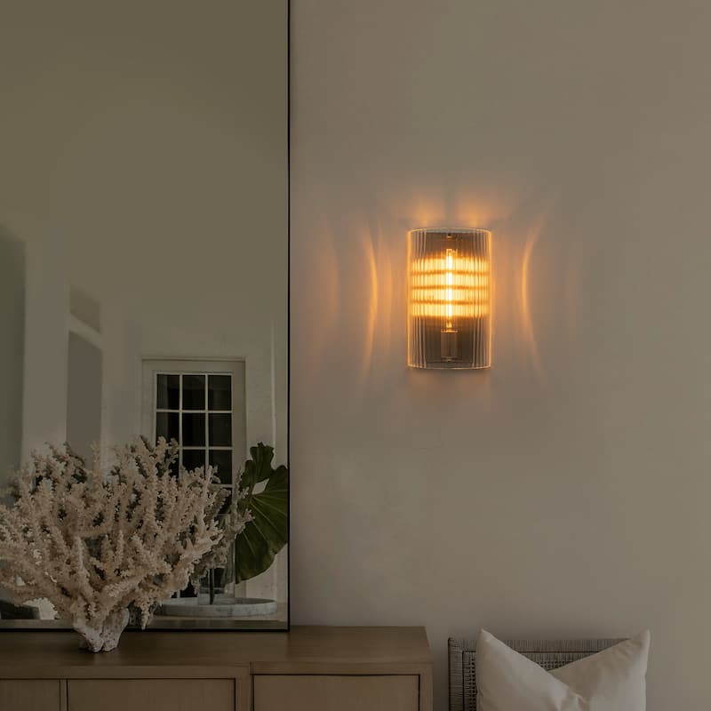 Brushed Nickel Wall Sconce Half-Cylinder Fluted Clear Glass Shade