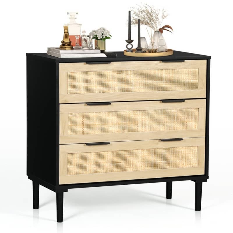 Rattan 3 Drawer Wood Dresser - Black and Oak - 3-drawer