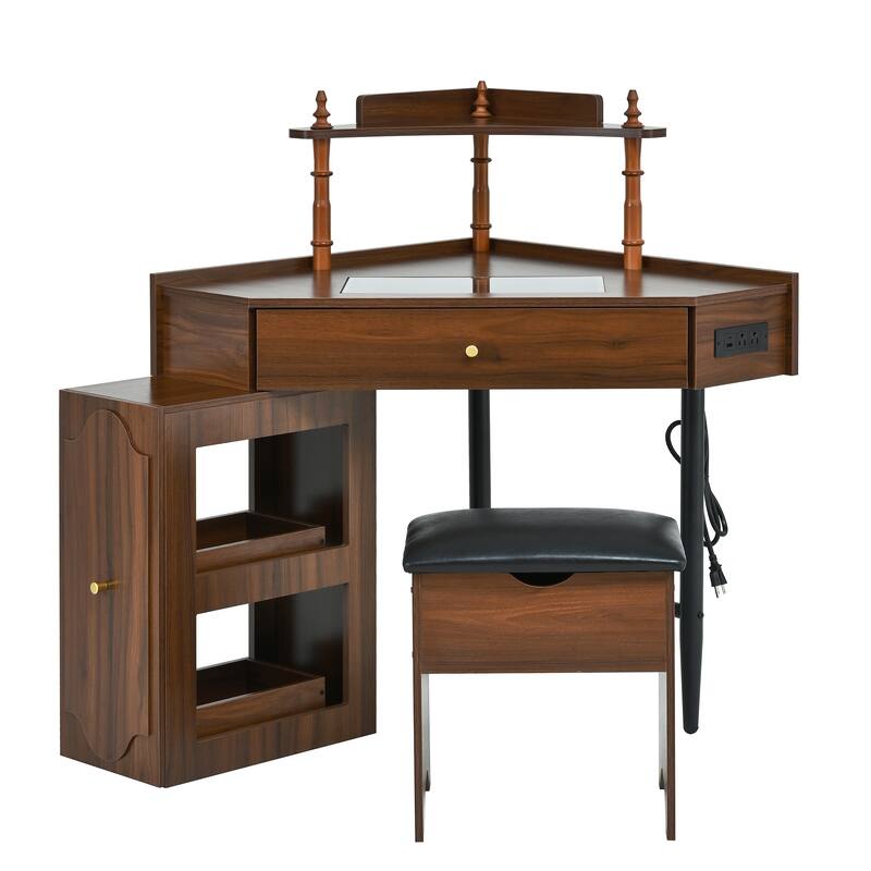 Corner Makeup Vanity Set with Stool & Charging Station, Glass Tabletop Triangle Vanity Dressing Table with Pull-Out Side Cabinet