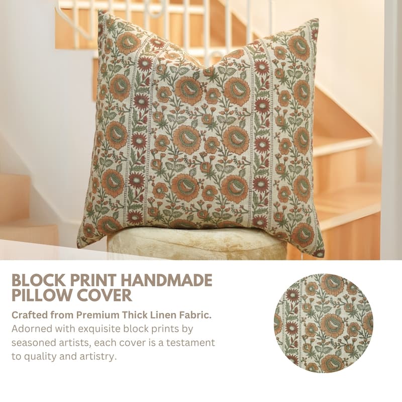 Fabdivine Handmade Heavy Weight Floral Linen Brown Cushion or Block Print Pillow Cover