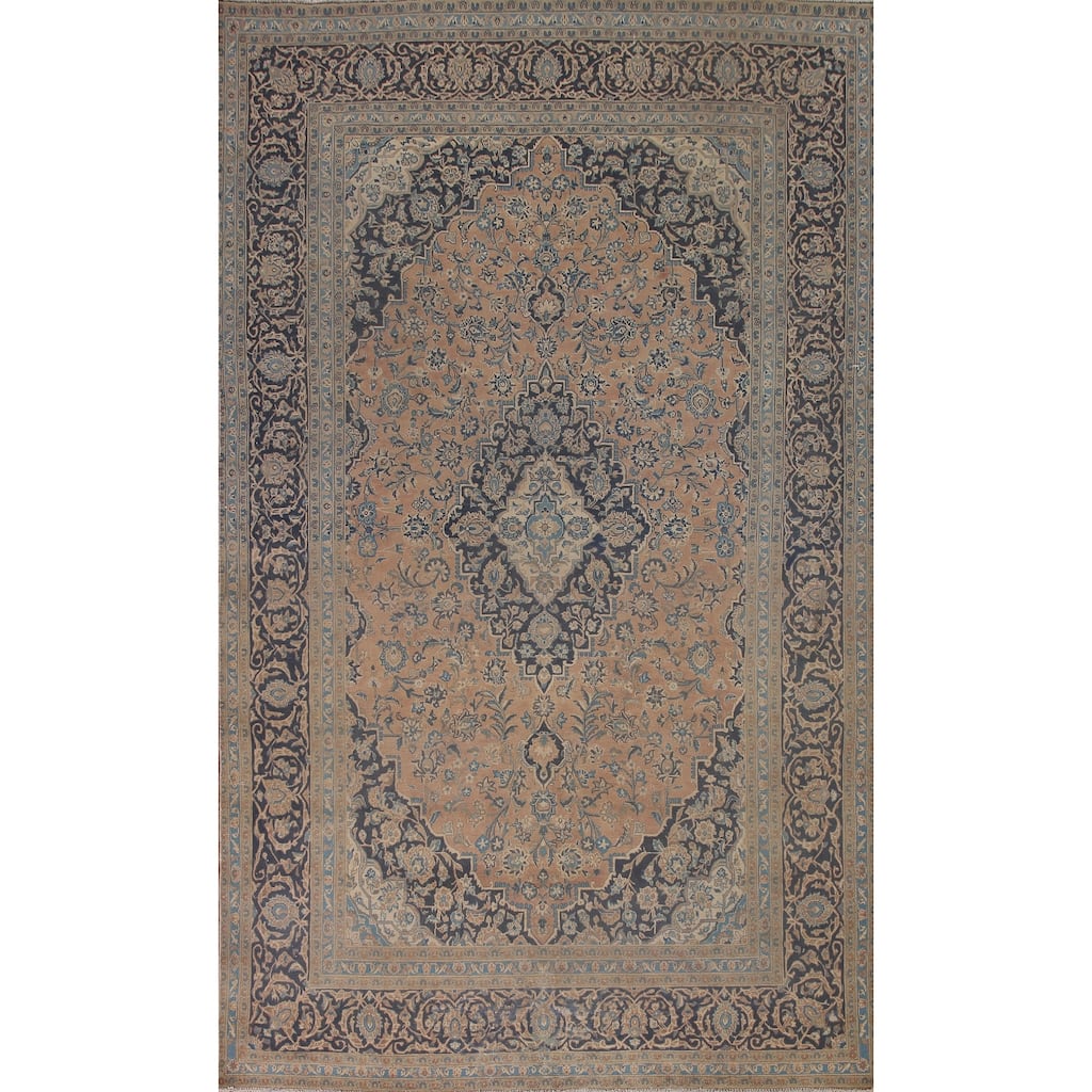 Traditional Distressed Kashan Persian Rug Vintage Handmade Wool Carpet - 7'8" x 11'8"