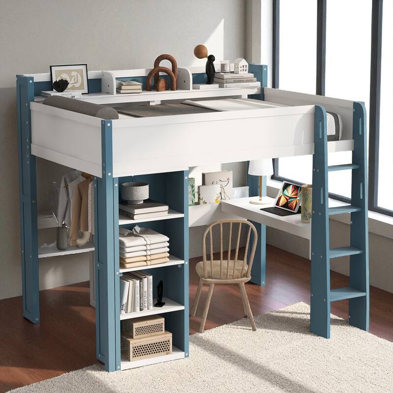 Full Size Wood Loft Bed with Desk, Wardrobe Storage, Shelves & Clothes Rail, 500 lb Bed Capacity, 77.8 x 70.1 x 75.6 in - White Blue - Full