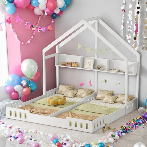 slide 2 of 12, Twin House Platform Beds with Shelves, Creamy White White