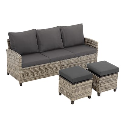 5-Piece 3-Seater Outdoor Wicker Sofa Couch with Gray Cushions