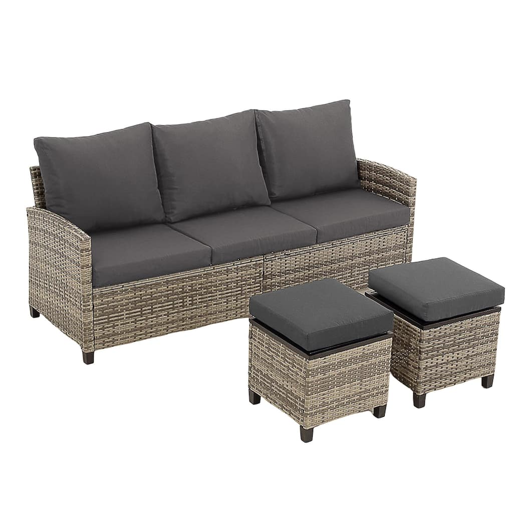 5-Piece 3-Seater Outdoor Wicker Sofa Couch with Gray Cushions