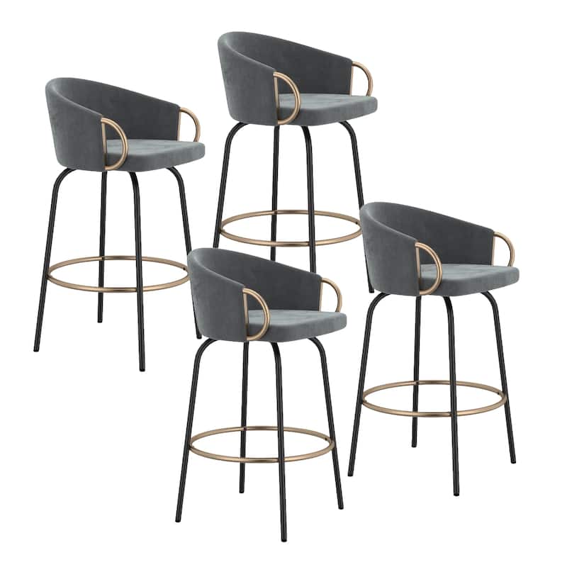 Contemporary Velvet and Metal 26" Counter Stool, Set of 4 - Grey and Black and Gold