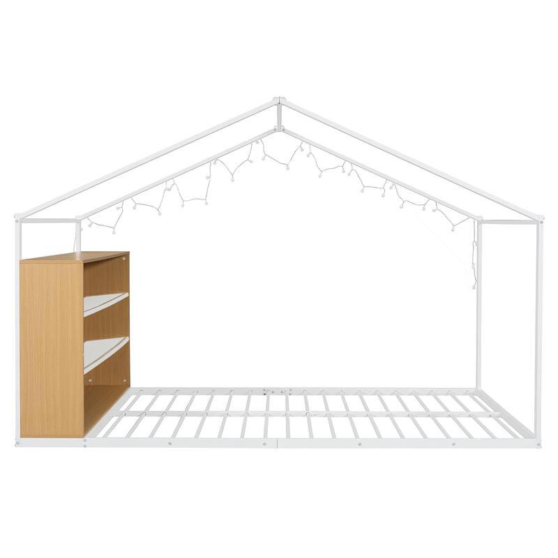 White Full Size Metal Wood House Bed Frame with Shelves and Lights for Kids