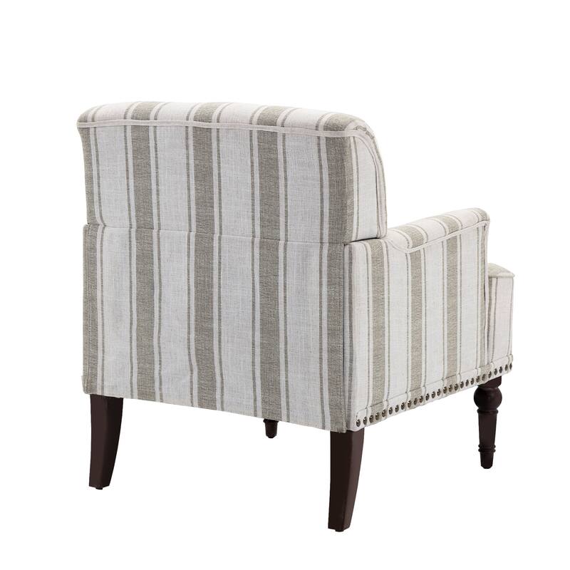 Striped Upholstered Linen Armchair with Brass Nailhead Trim