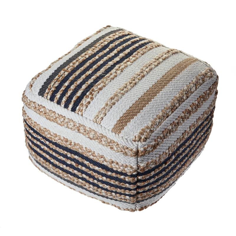 18" Brown and White Striped Jute Square Pouf Ottoman