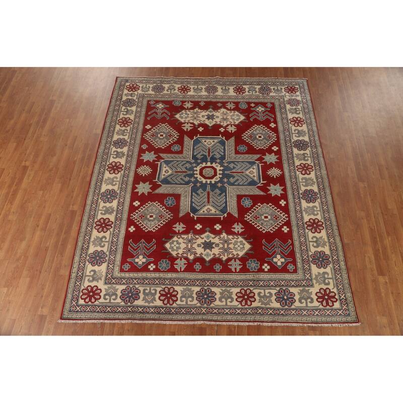 Geometric Red Kazak Oriental Area Rug Wool Carpet - 8'0" x 9'9"
