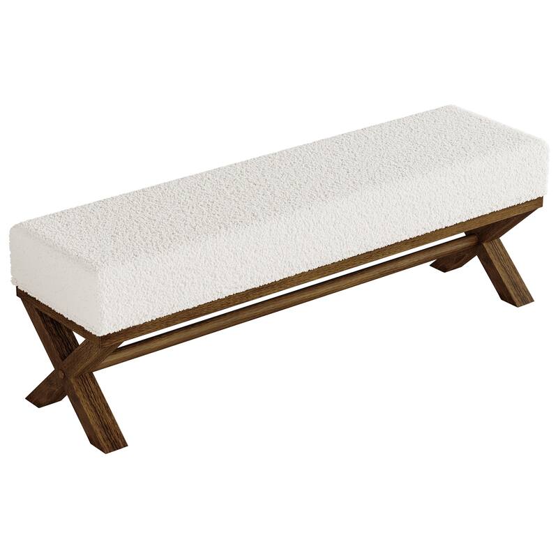 51.18" Solid Wood Upholstered Dining Bench, Faux Shearling Padded Seat Kitchen Stool Dining Seat for Dining Room Living Room