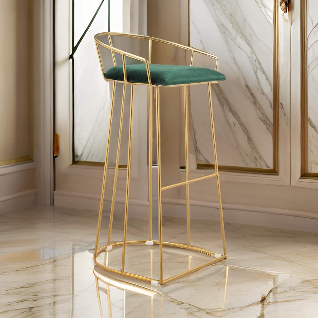 Cato 31 Inch Barstool Chair, Foam, Green Velvet, Gold Steel Open Frame
