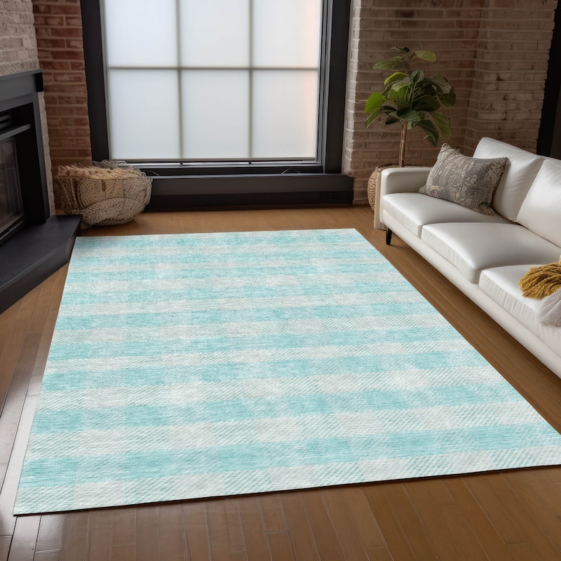 Machine Washable Indoor/ Outdoor Chantille Plaid Stripe Rug