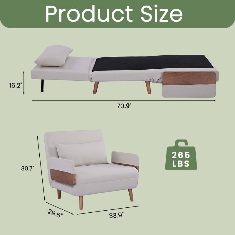 Modern Foldable Sofa Bed - Single Sleeper with Linen Fabric, 6-Level Adjustable Backrest, Converts in 10 Sec, Silent Hinges