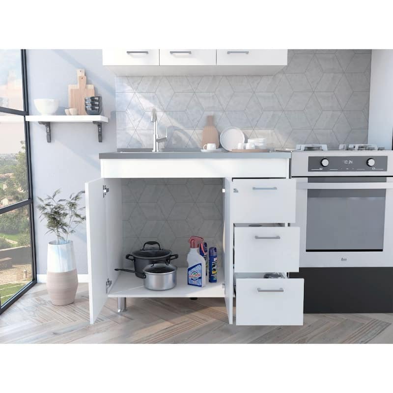 White Freestanding Double Door Cabinet with Three Drawers, Four Legs, and Faucet Hole, 39-Inch - 20.67in L Engineered Wood