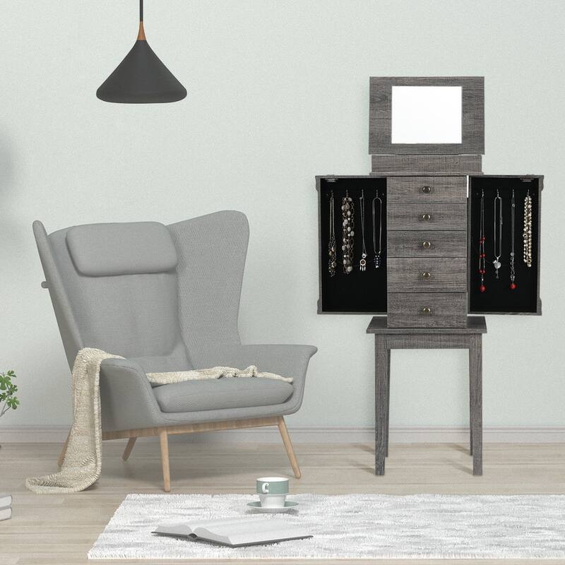 Grey Jewelry Organizer Cabinet with Dressing Mirror 5 Drawers Side Doors and Secure Necklace Hooks