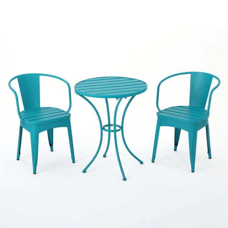 Modern 3-Piece Powder-Coated Iron Bistro Set with Round Slatted Table and Stackable Armchairs for Compact Outdoor Spaces
