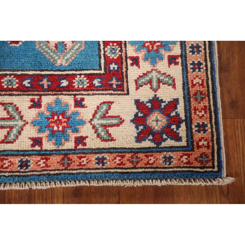 Blue Geometric Kazak Oriental Accent Rug Handmade Wool Carpet - 2'9" x 4'0"