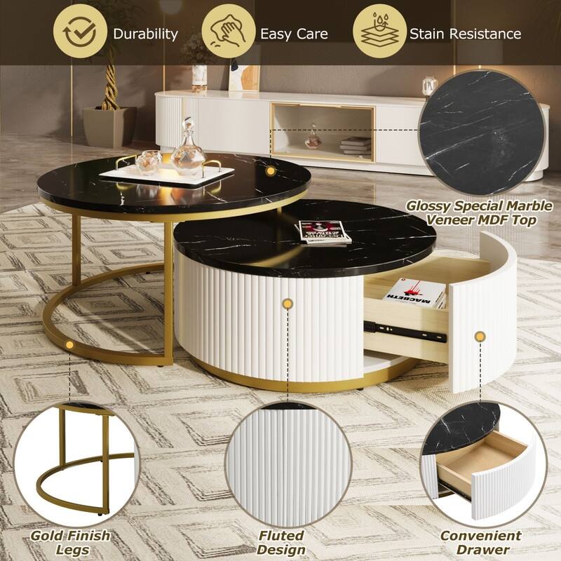 31.5" Round Nesting Coffee Table Fluted with Drawer