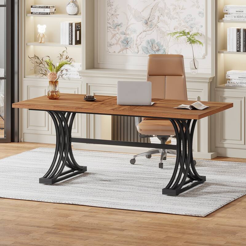 63" Large Rectangular Executive Desk, Wood Faux Marble Table, Business Computer Desk for Home Office