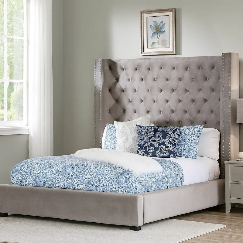 Rozy Queen Bed with Wingback Headboard, Nailhead Trim, Gray Upholstery