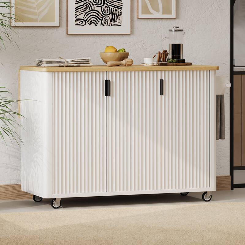 Kitchen Island with Drop Leaf, Farmhouse Kitchen Island on Wheels with Internal Storage Rack, Towel Rack for Kitchen - White