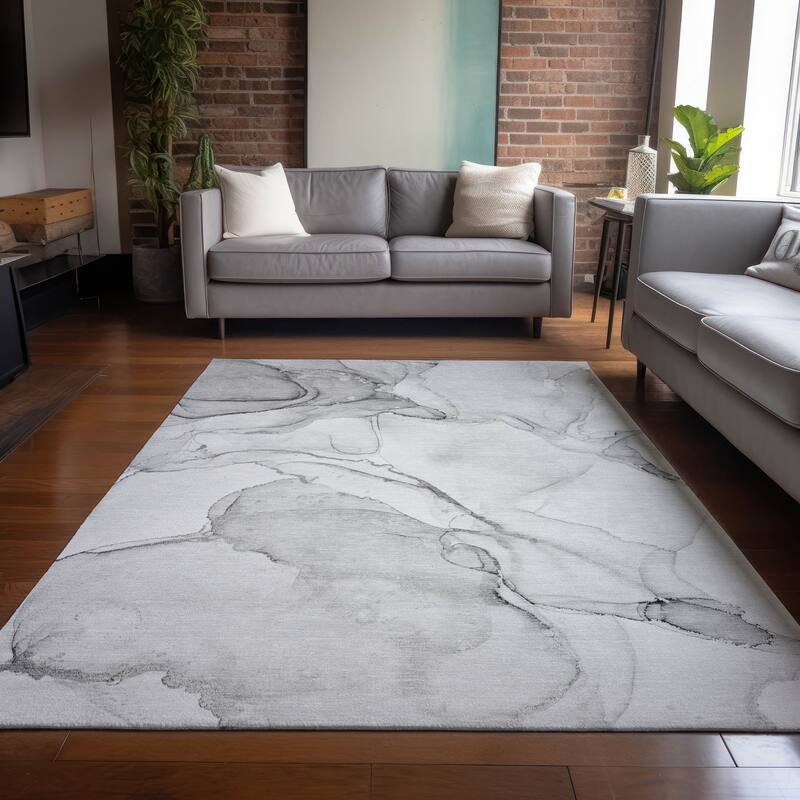 Machine Washable Indoor/ Outdoor Abstract Chantille Rug - 9' x 12' - Silver