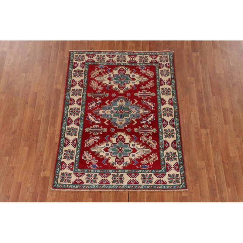 Red Kazak Area Rug Hand-Knotted Oriental Wool Carpet - 4'1" x 5'6"