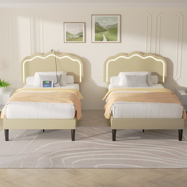 slide 2 of 19, VECELO Upholstered Platform Kids Bed Frame with Headboard & LED Lights,Twin Size Bed Set of 2