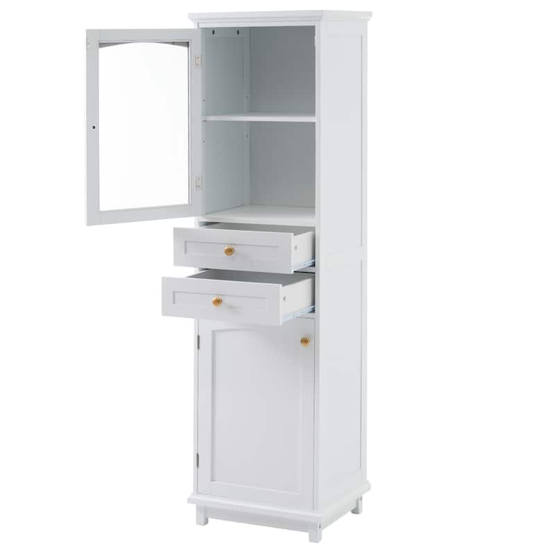GDFStudio - Mary 63" Tall Bathroom Storage Cabinet with Glass Doors, Two Drawers, and Adjustable Shelves
