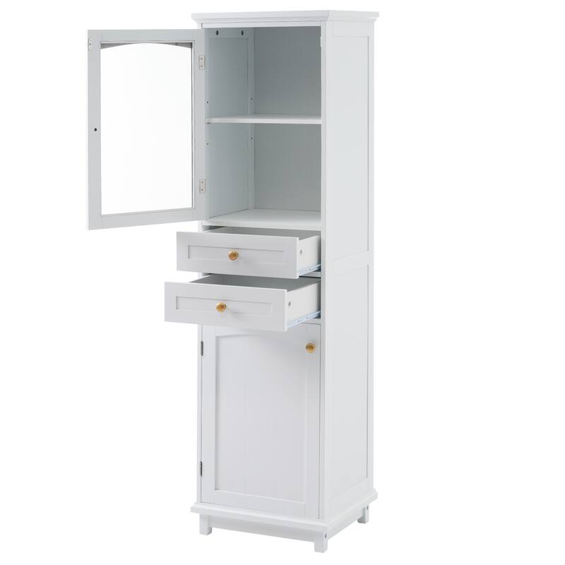 Tall Bathroom Storage Cabinet with Glass Doors, Free-Standing Sideboard, Organizer Cabinet with 2 Drawers & Adjustable Shelves