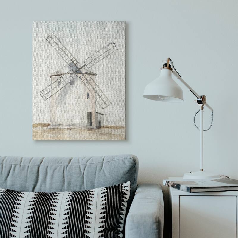 Stupell Windmill Farm Landscape Neutral Blue Brown Painting Canvas Wall Art