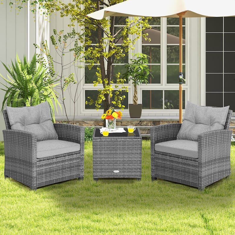 3-Piece Outdoor Wicker Patio Furniture Set with Tempered Glass Coffee Table - 26.5" x 26.5" x 30" (L x W x H)