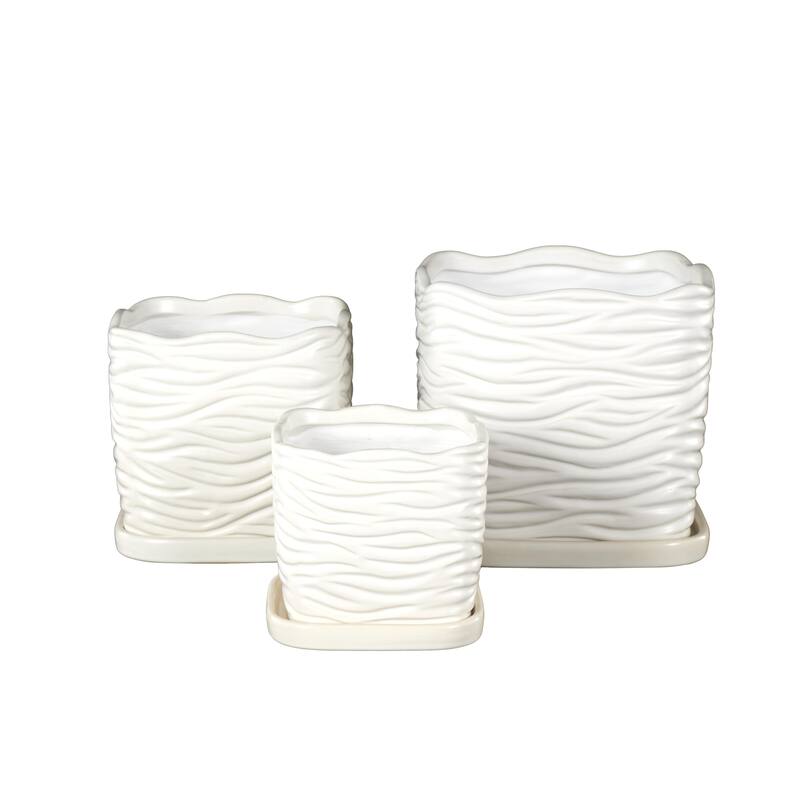 Black or White Ceramic Wavy Ribbed Indoor Outdoor Planter with Attached Saucer (Set of 3)