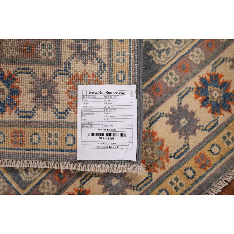 Gray Geometric Kazak Accent Rug Handmade Oriental Wool Carpet - 2'7" x 4'1"