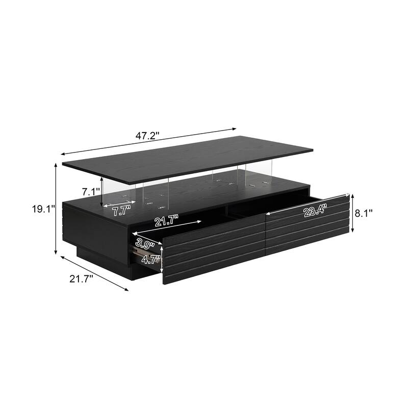 Modern White Rectangular LED Lights Coffee Table with 2 Drawers