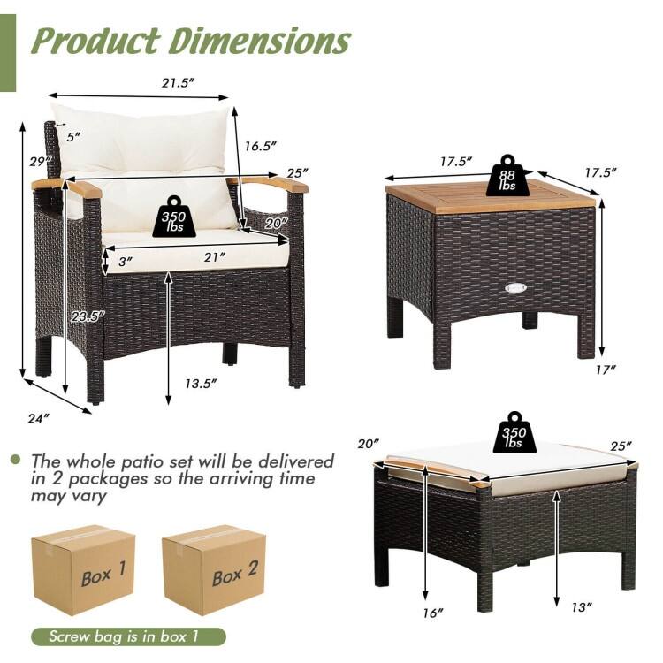 5 Pieces Patio Conversation Set with Cushions Coffee Table and 2 Ottomans - 25" x 24" x 29"