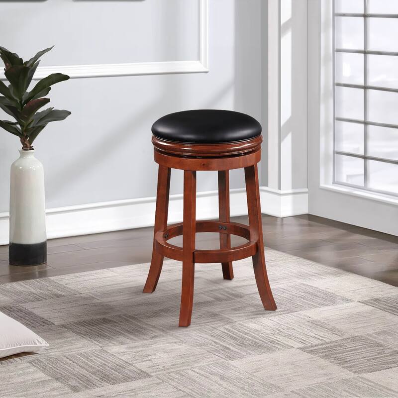 Sabi 30 inch Swivel Counter Stool, Solid Wood, Faux Leather, Brown, Black