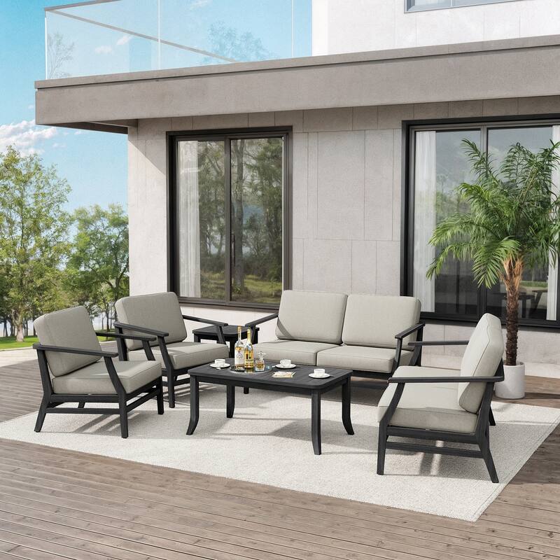 Teak Outdoor Patio Conversation Set with Cushions and Tables (6-Piece)