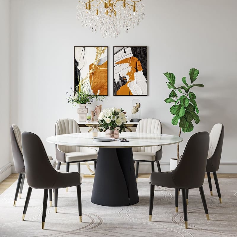 Modern Round White Dining Table, Matte Sintered Stone Tabletop, Solid Black Carbon Steel Base