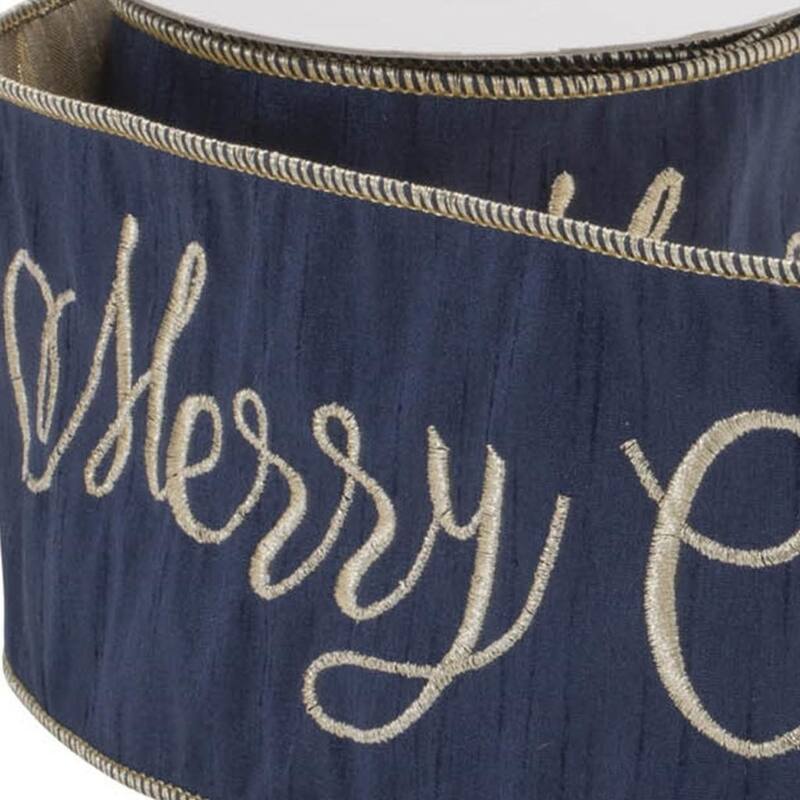 HomeRoots 4" Midnight And Gold Polyester Embroidered Merry Christmas Wired Ribbon