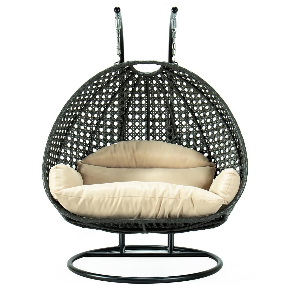 LeisureMod 2-Person Charcoal Wicker Egg Swing - Includes Metal Stand & Cushions - Modern Double Patio Lounger