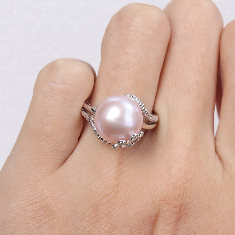 Miadora 12-12.5mm Button-Shaped Pink Cultured Freshwater Pearl and Diamond Accent Flower Split-Shank Ring in Sterling Silver