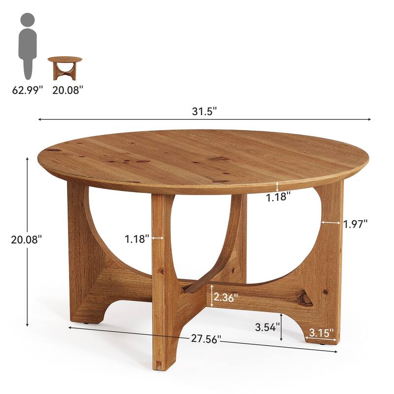 31.5-Inch Solid Wood Coffee Table, Farmhouse Round Center Table