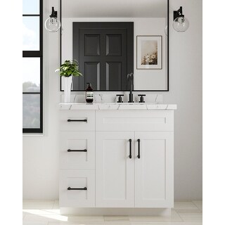 Nelson Cabinetry 36" White Shaker Wood Single Sink Bathroom Vanity with Soft-Closing Doors and Drawers on the Left