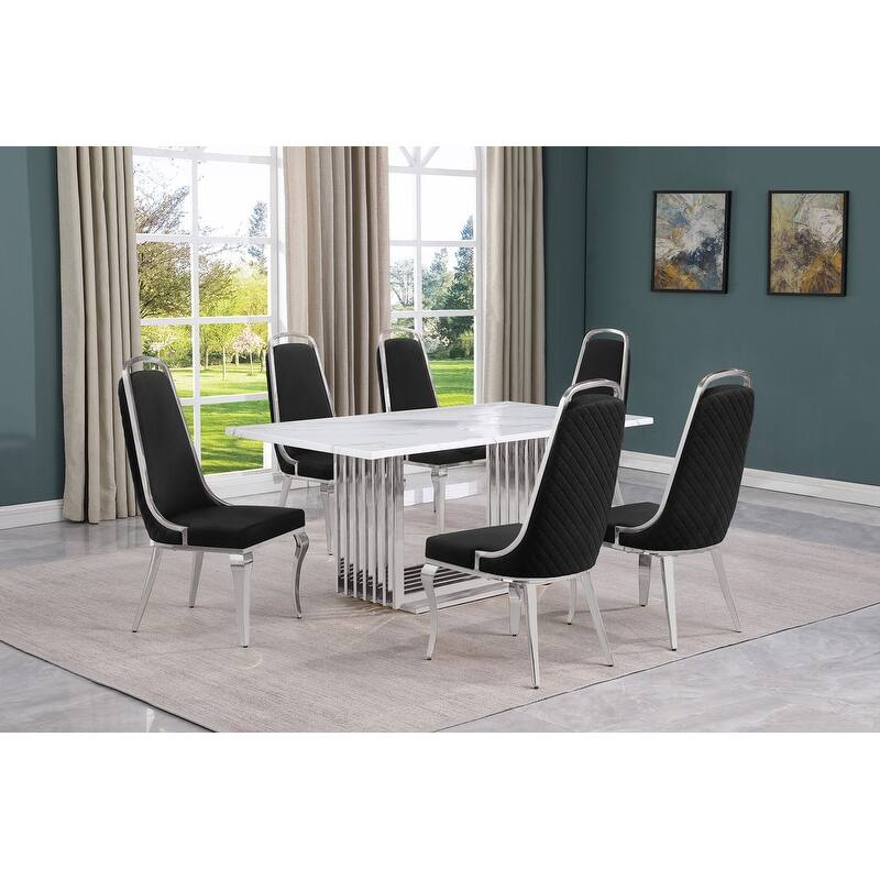 Best Quality Furniture D310/1-SC310-7 Dining Set with 68" White Marble Top - 7-Piece - Black / Silver