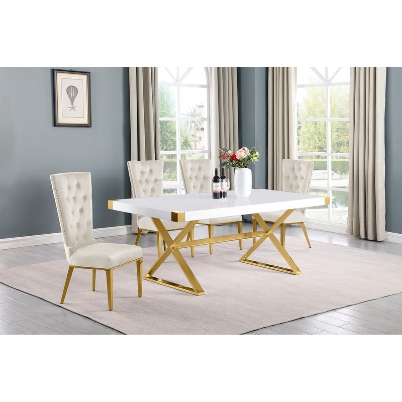 Best Quality Furniture D440/1-SC330-7 Dining Set with 78" White Lacquer Wood Top - 5-Piece - Cream / Gold