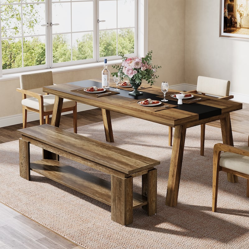 63-Inch Dining Bench for 2-3, Farmhouse Wooden Bench with Storage Shelf for Kitchen & Dining Room