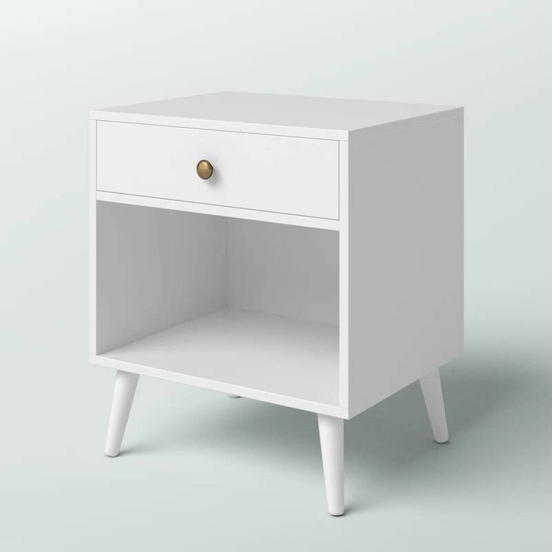 Mid Century Modern 1 Drawer Nightstand with Open Shelf Pinewood Legs - White